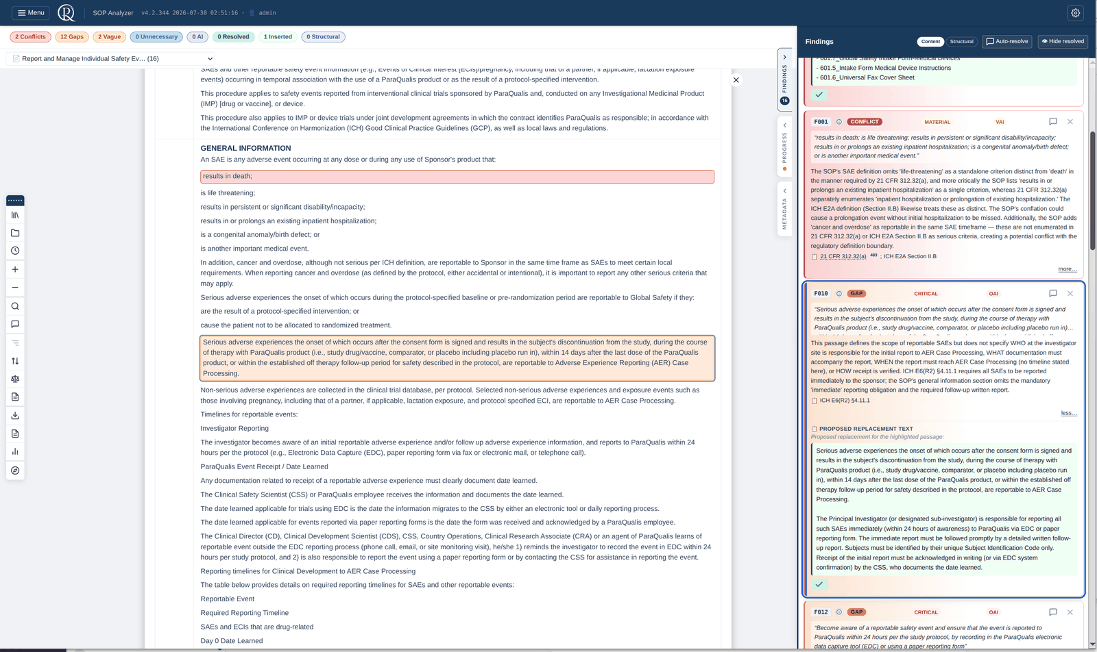 Live finding review inside a SOP, with every issue flagged, categorized, and ready to adjudicate